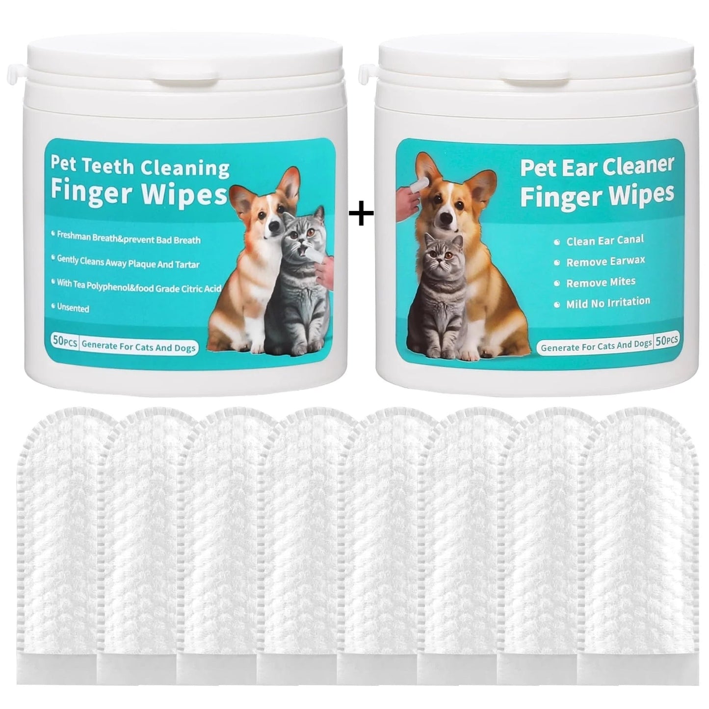 pet ear cleaning wipes and pet teeth cleaning wipes in packaging for effective pet hygiene