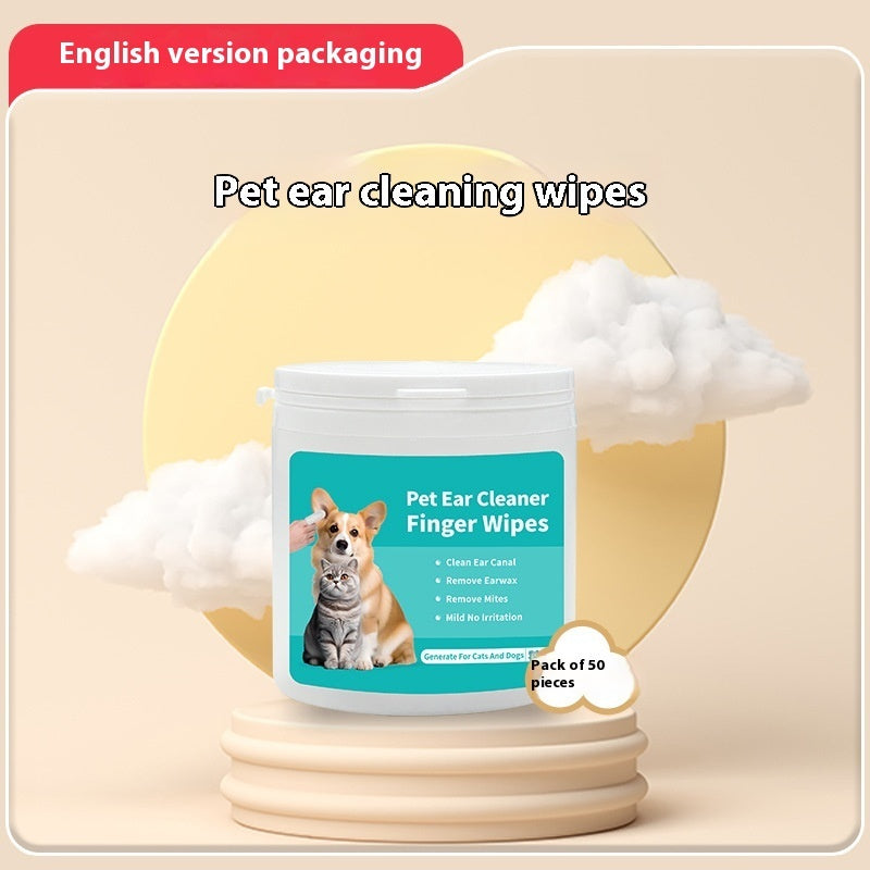 Pet ear cleaning wipes packaging featuring dogs and product details, ideal for ear and dental care.