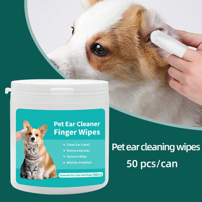 Pet ear cleaning wipes for gentle ear and dental hygiene, 50 pcs per can, safe for cats and dogs.