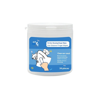 pet ear cleaning wipes in a container, designed for cleaning pet ears and teeth, 50 pieces included.