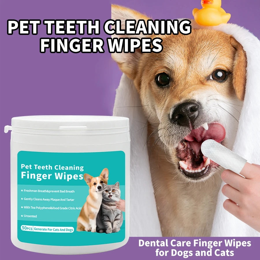 Pet ear cleaning wipes for dental hygiene with premium non-woven fabric in a pack of 50 wipes for pets.