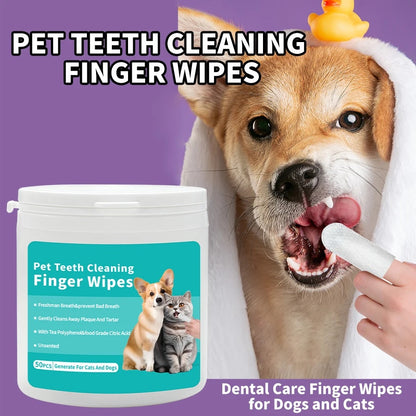 Pet ear cleaning wipes for dental hygiene with premium non-woven fabric in a pack of 50 wipes for pets.