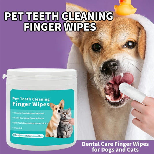 Pet ear cleaning wipes for dental hygiene with premium non-woven fabric in a pack of 50 wipes for pets.